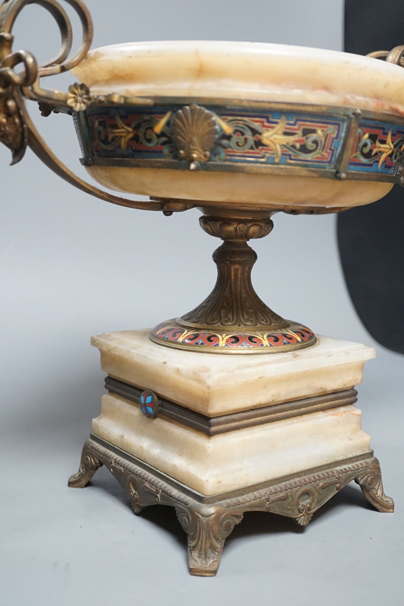 A late 19th century Barbedienne ormolu, champleve enamel and onyx centrepiece 30cm, engraved mark ‘F BARBEDIENNE’